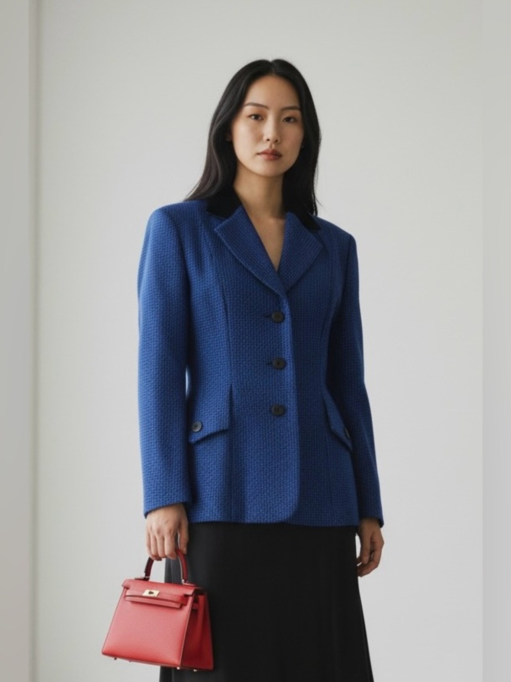 Vintage Escada by Margaretha Ley Blue Houndstooth Wool Blazer Velvet Collar |8